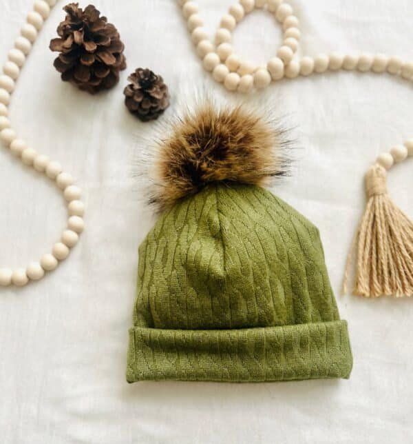 Army green cable knit hat w/ pom pom